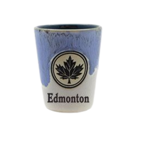 Stoneware Shot With Maple Leaf and Text Edmonton Blue